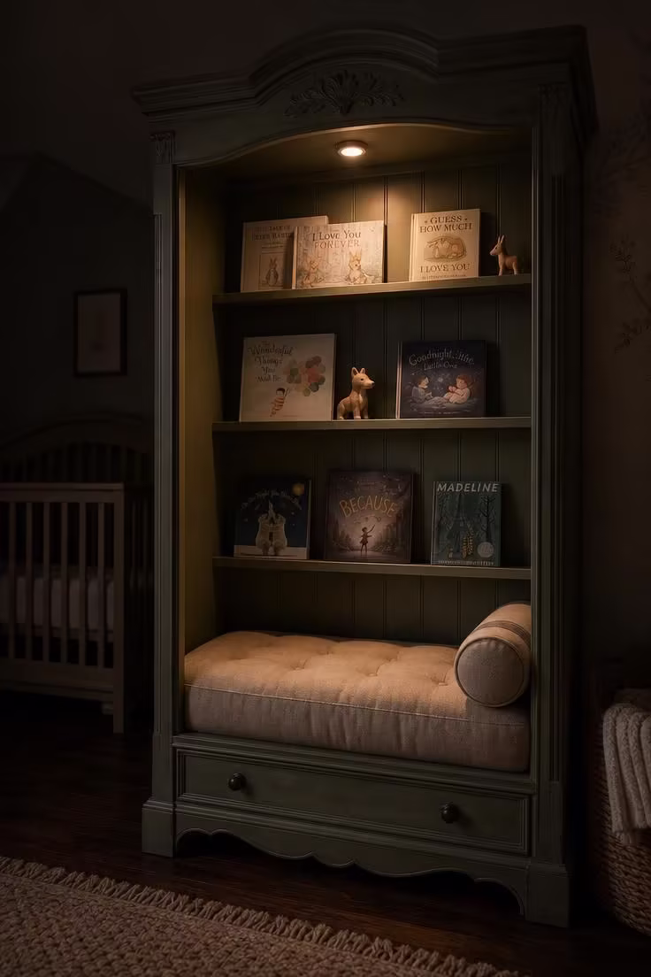 13 Lovely Nursery Reading Nook Ideas for Any Room Size 3 Converted armoire alcove with padded linen seat cushion and interior sage walls serving as a nursery reading nook