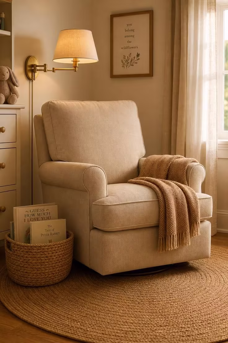 13 Lovely Nursery Reading Nook Ideas for Any Room Size 4 Oatmeal upholstered nursery glider on a round jute rug with a brass wall-mounted sconce at reading height