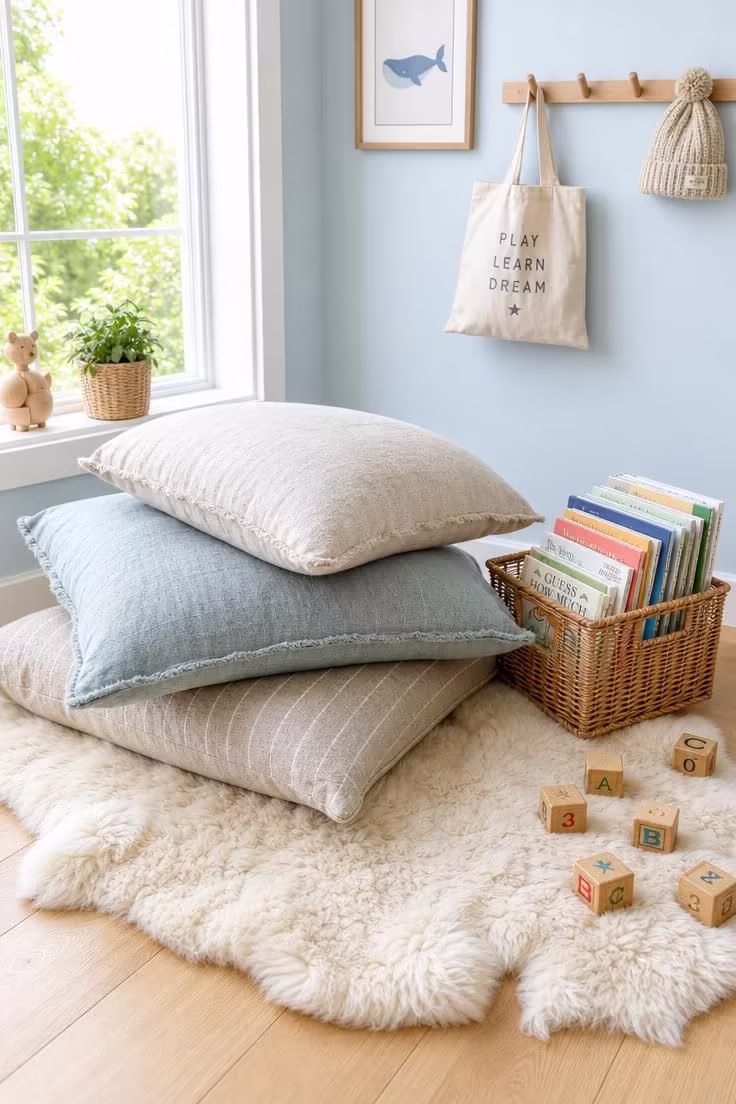 13 Lovely Nursery Reading Nook Ideas for Any Room Size 5 Oversized linen floor pillows stacked on a sheepskin hide with a rattan book basket in a bright nursery