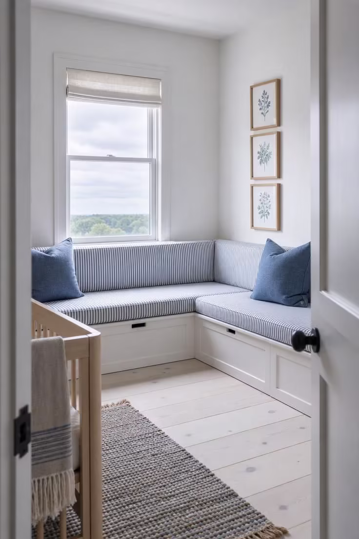 13 Lovely Nursery Reading Nook Ideas for Any Room Size 6 L-shaped corner bench with blue and white ticking fabric and hinged lid book storage in a cool-lit nursery