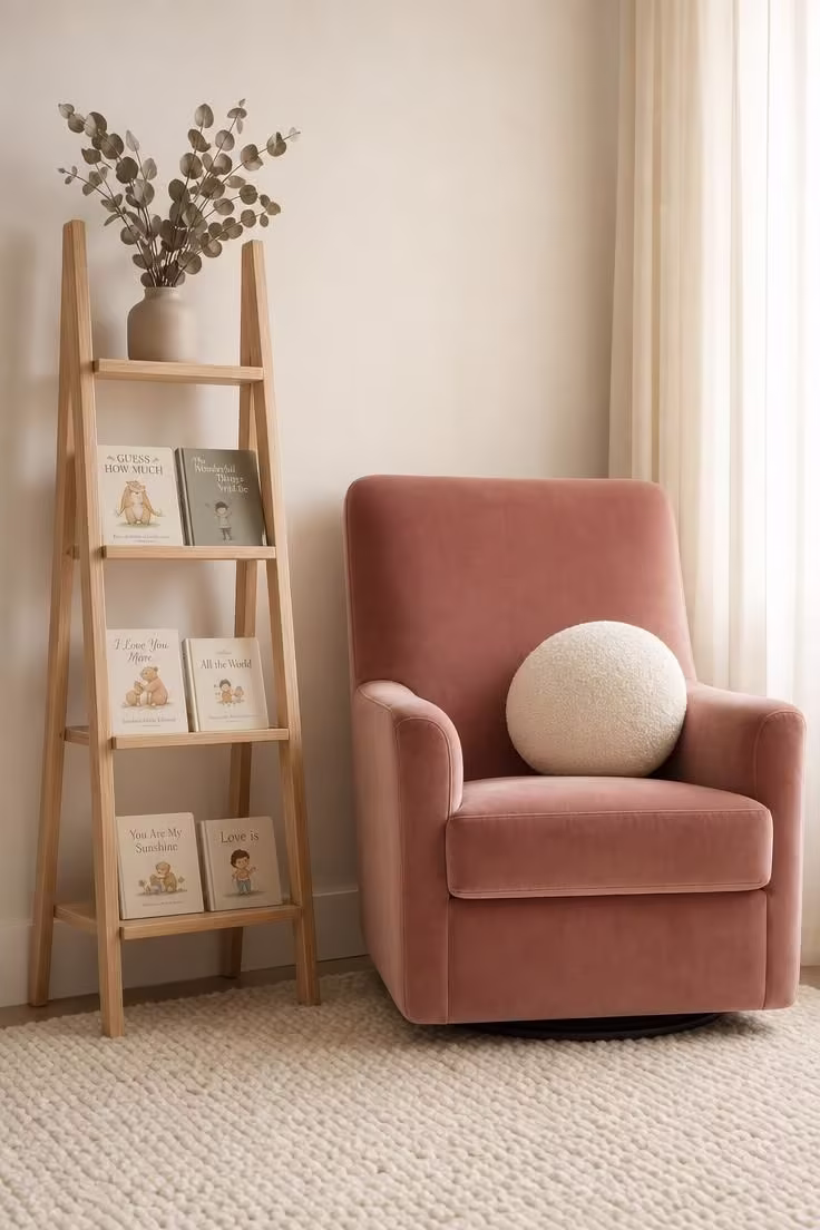 13 Lovely Nursery Reading Nook Ideas for Any Room Size 7 A-frame ladder shelf bookcase in ash wood beside a dusty rose velvet nursing chair in a softly lit nursery