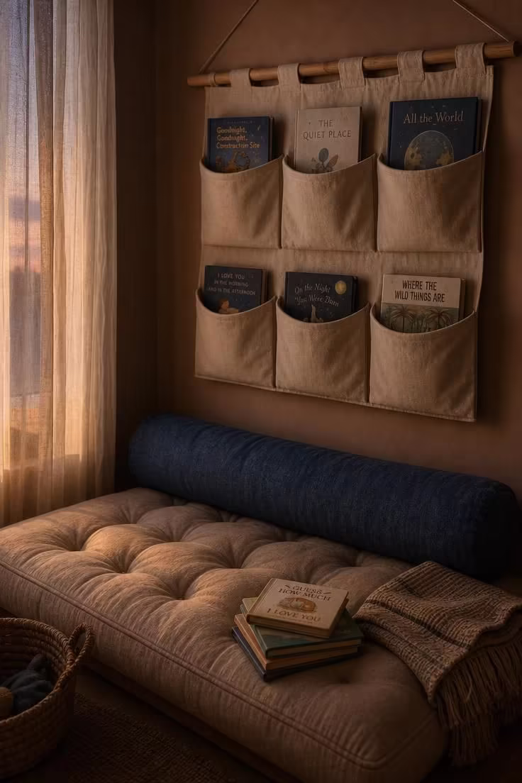 13 Lovely Nursery Reading Nook Ideas for Any Room Size 8 Canvas wall organizer with fabric pockets for books above a tufted linen daybed in a dusk-lit nursery