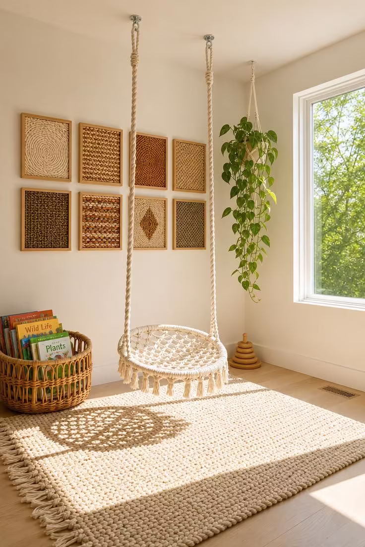 13 Lovely Nursery Reading Nook Ideas for Any Room Size 9 Macrame rope swing seat hanging near the floor with a woven placemat gallery wall in a bright nursery