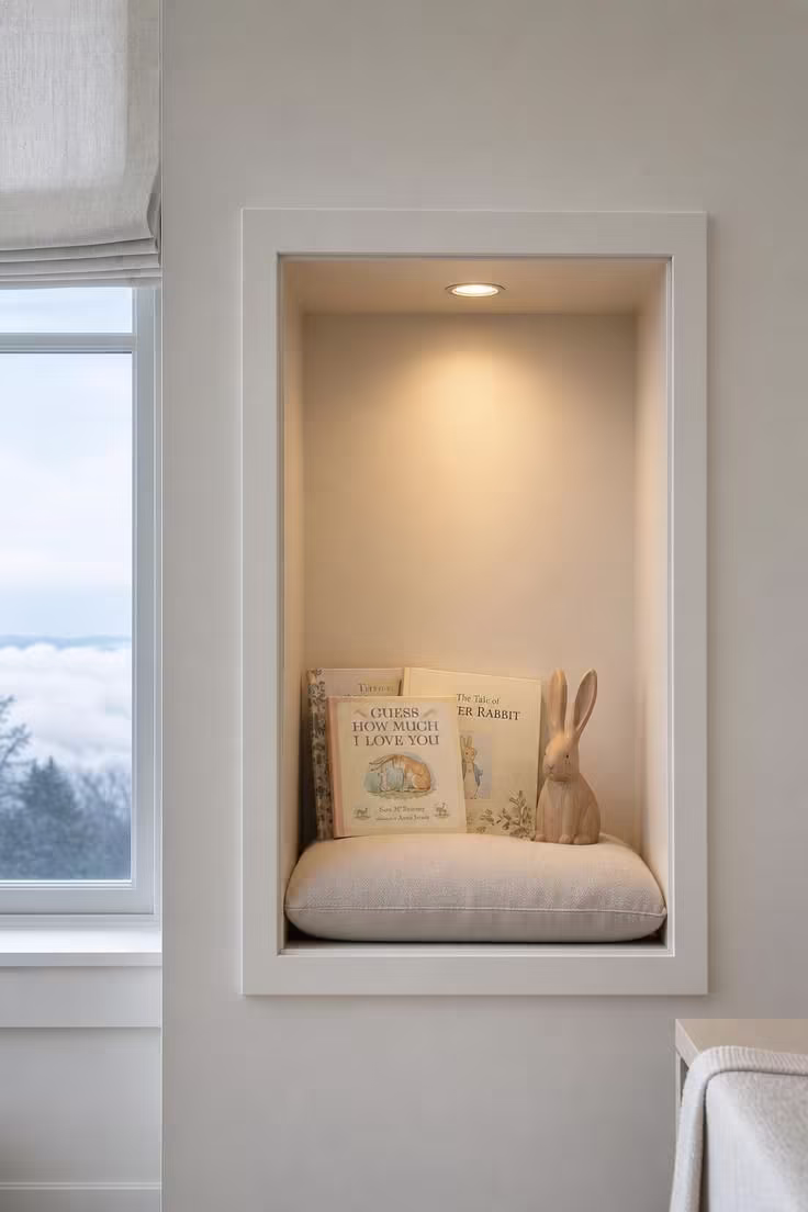 13 Lovely Nursery Reading Nook Ideas for Any Room Size 10 Recessed wall niche with a linen cushion and built-in LED reading light in a cool-lit nursery