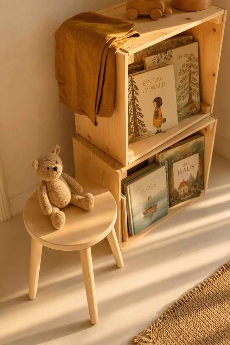 13 Lovely Nursery Reading Nook Ideas for Any Room Size 11 Scandinavian birch stool beside stacked wooden crate shelves holding nursery books in late afternoon light
