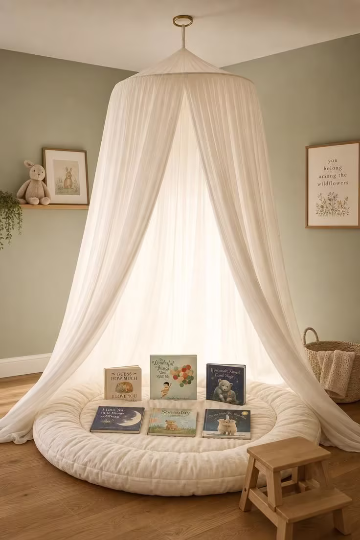 13 Lovely Nursery Reading Nook Ideas for Any Room Size 12 Sheer ivory nursery canopy draped over a round cotton play mat with books arranged in a semicircle