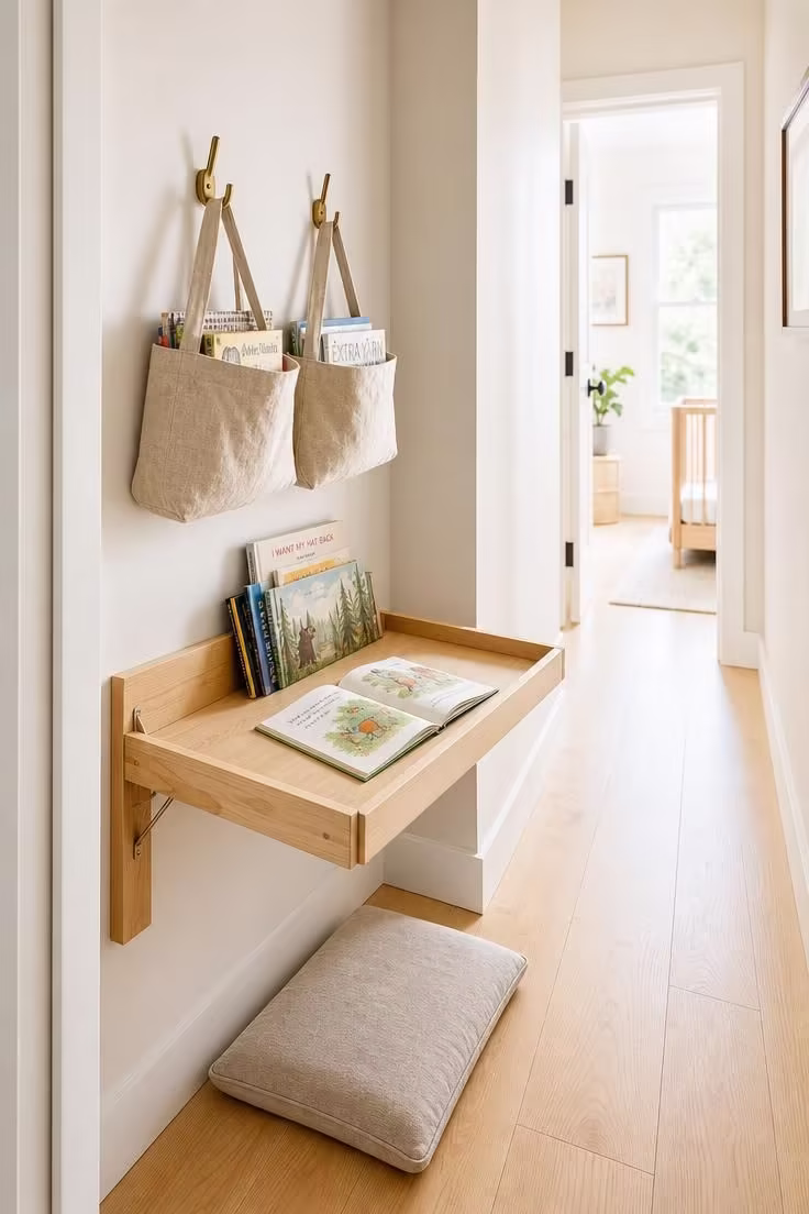 13 Lovely Nursery Reading Nook Ideas for Any Room Size 13 Narrow nursery hallway nook with a fold-down maple shelf and brass wall hooks holding book tote bags