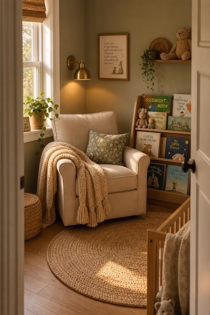 Cozy nursery reading nook with an upholstered armchair, bookshelf, brass sconce, and jute rug in a warm sage nursery