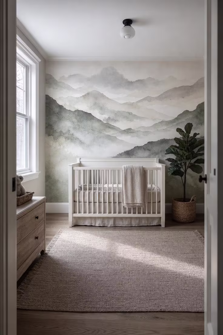 13 Stunning Nursery Wall Decor Ideas That Feel Timeless 1 Nursery with a watercolor mountain mural in sage and ivory behind a white crib under cool morning light.