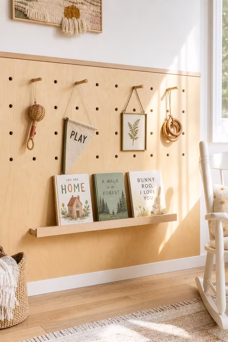 13 Stunning Nursery Wall Decor Ideas That Feel Timeless 2 Birch plywood pegboard on a nursery wall holding toys, a framed print, and a linen flag in bright natural light.