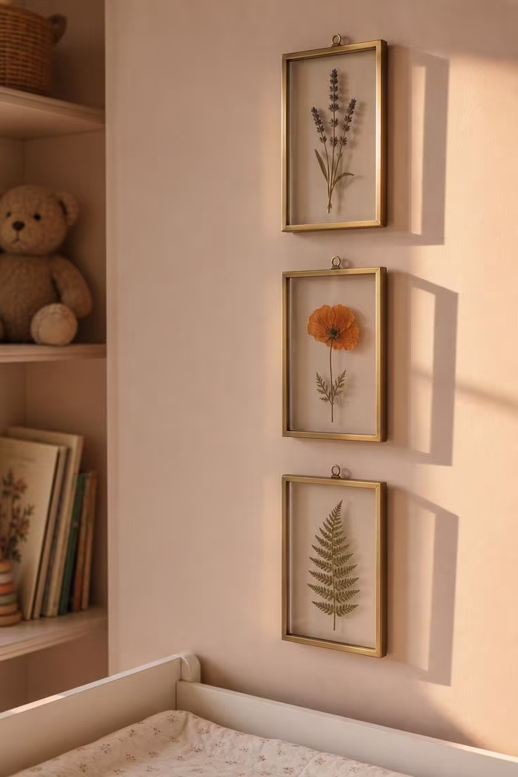 13 Stunning Nursery Wall Decor Ideas That Feel Timeless 3 Three brass-framed pressed wildflower specimens hung vertically on a blush nursery wall in golden hour light.