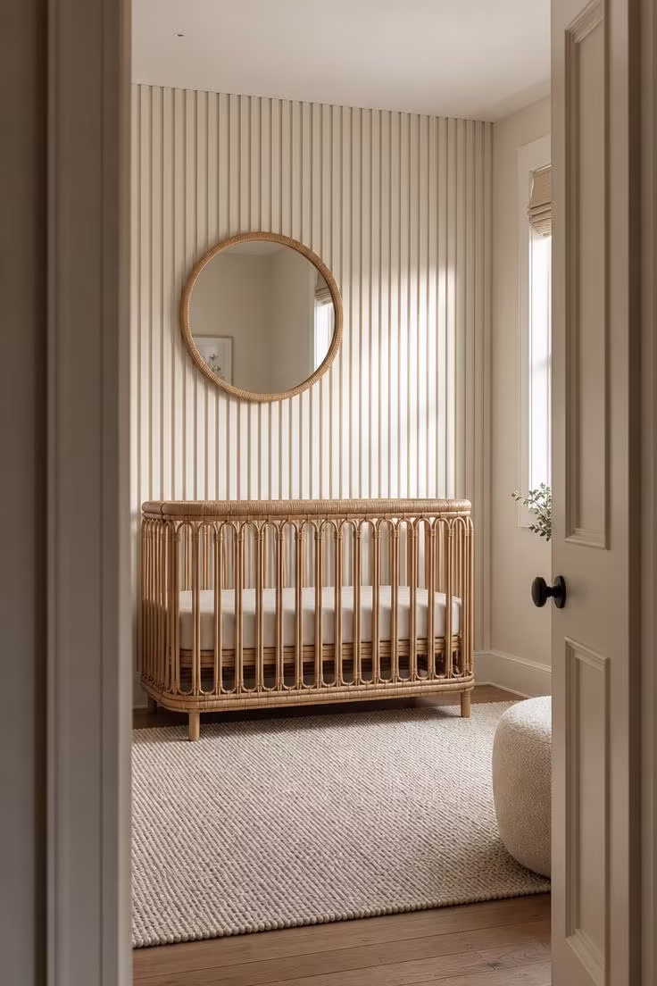 13 Stunning Nursery Wall Decor Ideas That Feel Timeless 4 Nursery with a tone-on-tone white vertical wood slat accent wall behind a rattan crib viewed from the doorway.