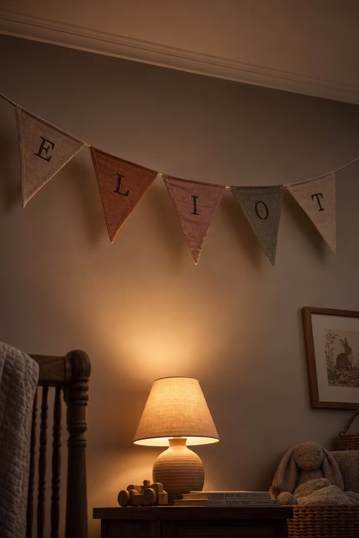 13 Stunning Nursery Wall Decor Ideas That Feel Timeless 5 Linen pennant banner spelling a child's name in earth tones hung across a nursery wall in warm lamp light.