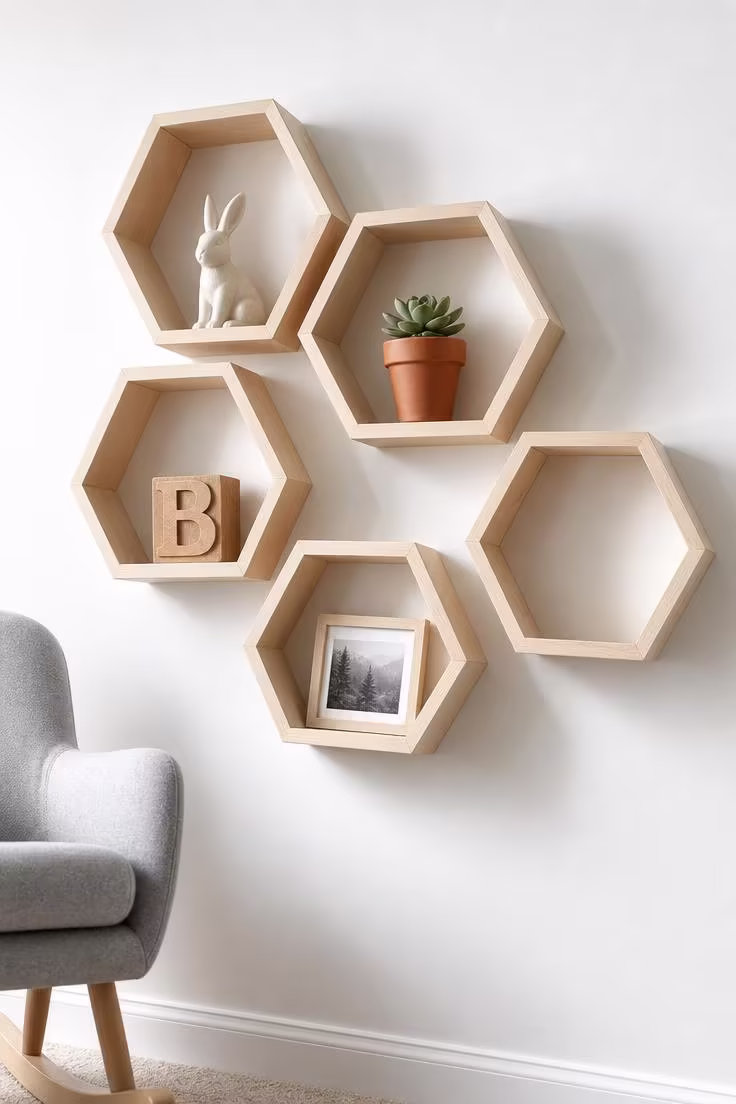 13 Stunning Nursery Wall Decor Ideas That Feel Timeless 7 Five hexagonal birch shelves in an organic cluster on a white nursery wall, each holding one small decorative item.