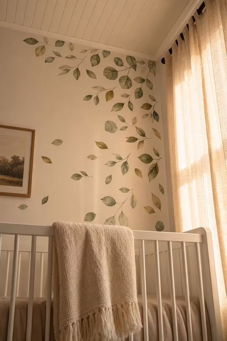 13 Stunning Nursery Wall Decor Ideas That Feel Timeless 8 Watercolor leaf decals in olive and sage arranged as a canopy above a white crib in warm golden hour light.