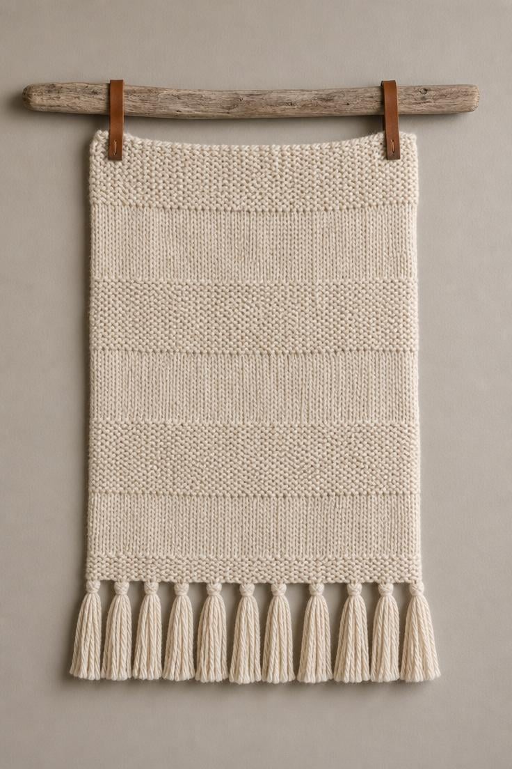 13 Stunning Nursery Wall Decor Ideas That Feel Timeless 9 Hand-knit cream cotton wall hanging on a driftwood rod against a putty gray nursery wall in soft diffused light.