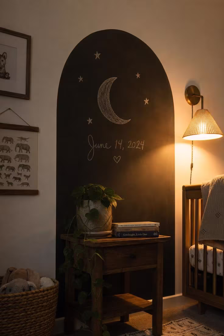 13 Stunning Nursery Wall Decor Ideas That Feel Timeless 10 Arched chalkboard panel painted on a nursery wall showing a chalk moon and birth date in warm lamp light.