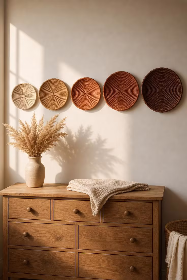 13 Stunning Nursery Wall Decor Ideas That Feel Timeless 11 Five woven basket plates in graduated warm tones from wheat to clay hung in a row above a nursery dresser.