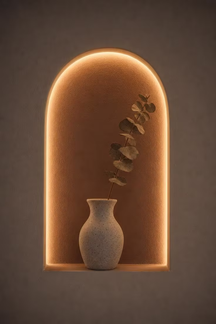 13 Stunning Nursery Wall Decor Ideas That Feel Timeless 12 Recessed arched niche with LED halo light and a ceramic vase holding dried eucalyptus in a dim nursery.