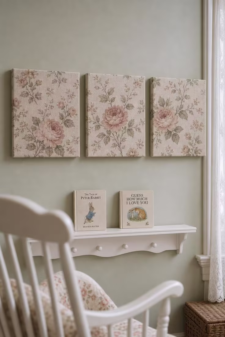 13 Stunning Nursery Wall Decor Ideas That Feel Timeless 13 Three fabric-wrapped canvas squares in vintage floral linen hung in a row on a sage nursery wall in cool light.