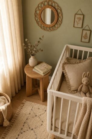 Cozy nursery corner with a white crib, natural wood side table, rattan mirror, and brass-framed botanicals in warm afternoon light.