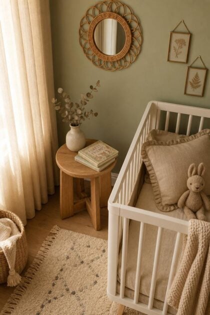13 Stunning Nursery Wall Decor Ideas That Feel Timeless Cozy nursery corner with a white crib, natural wood side table, rattan mirror, and brass-framed botanicals in warm afternoon light.