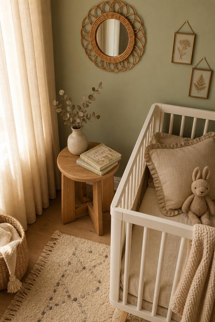 Simple Spaces 22 Cozy nursery corner with a white crib, natural wood side table, rattan mirror, and brass-framed botanicals in warm afternoon light.