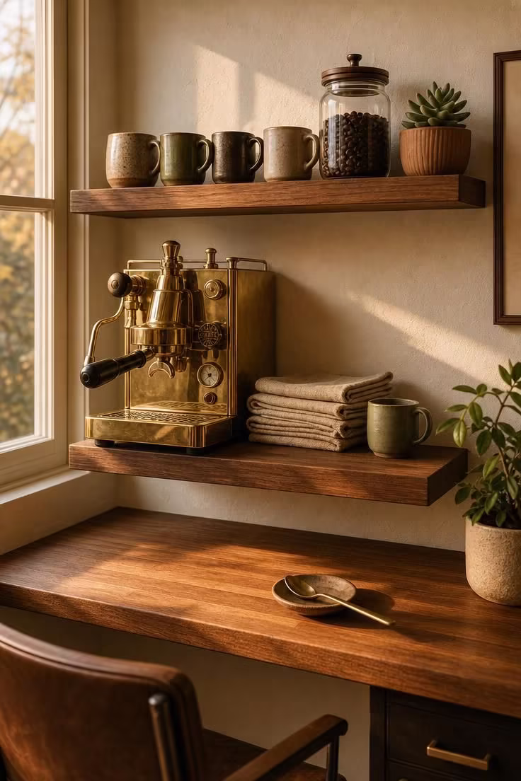 10 Cozy Office Coffee Bar Ideas for a Productive Nook 1 Walnut floating shelves holding stoneware mugs and a brass espresso machine on a butcher block ledge in a home office coffee bar