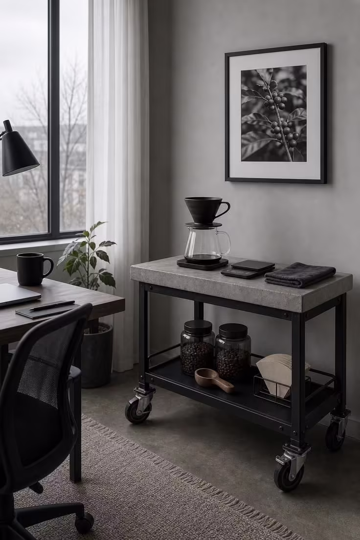 10 Cozy Office Coffee Bar Ideas for a Productive Nook 2 Industrial rolling cart with concrete countertop and matte black pour-over dripper in a home office coffee bar