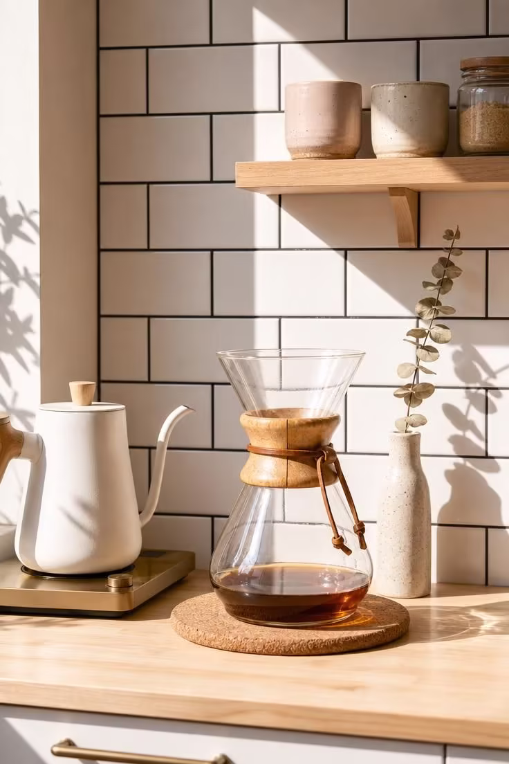 10 Cozy Office Coffee Bar Ideas for a Productive Nook 3 Close-up of a white subway tile backsplash with a Chemex pour-over brewer and wooden shelf holding ceramic cups in a bright office coffee bar