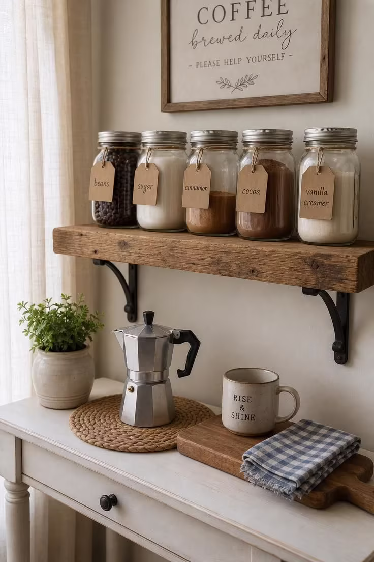 10 Cozy Office Coffee Bar Ideas for a Productive Nook 4 Reclaimed pine shelf with labeled mason jar storage above a Moka pot on a white console table in a farmhouse office coffee bar