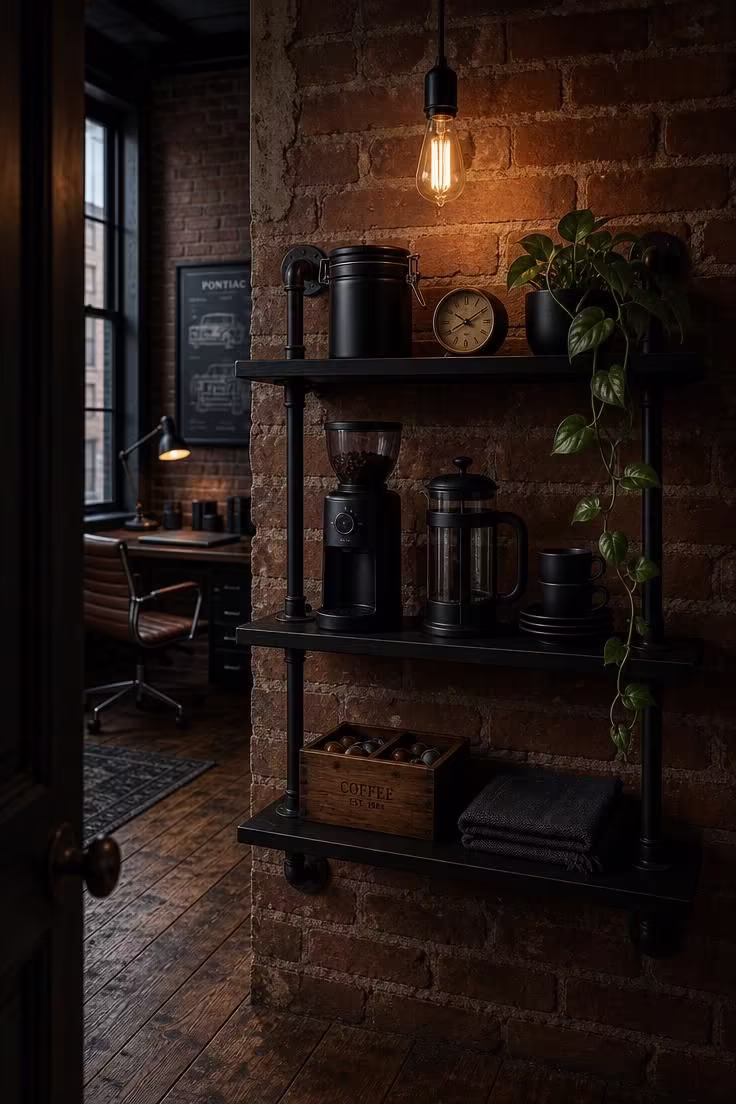 10 Cozy Office Coffee Bar Ideas for a Productive Nook 5 Three-tier matte black pipe shelving with a burr grinder and French press mounted on an exposed brick wall in a moody office coffee bar