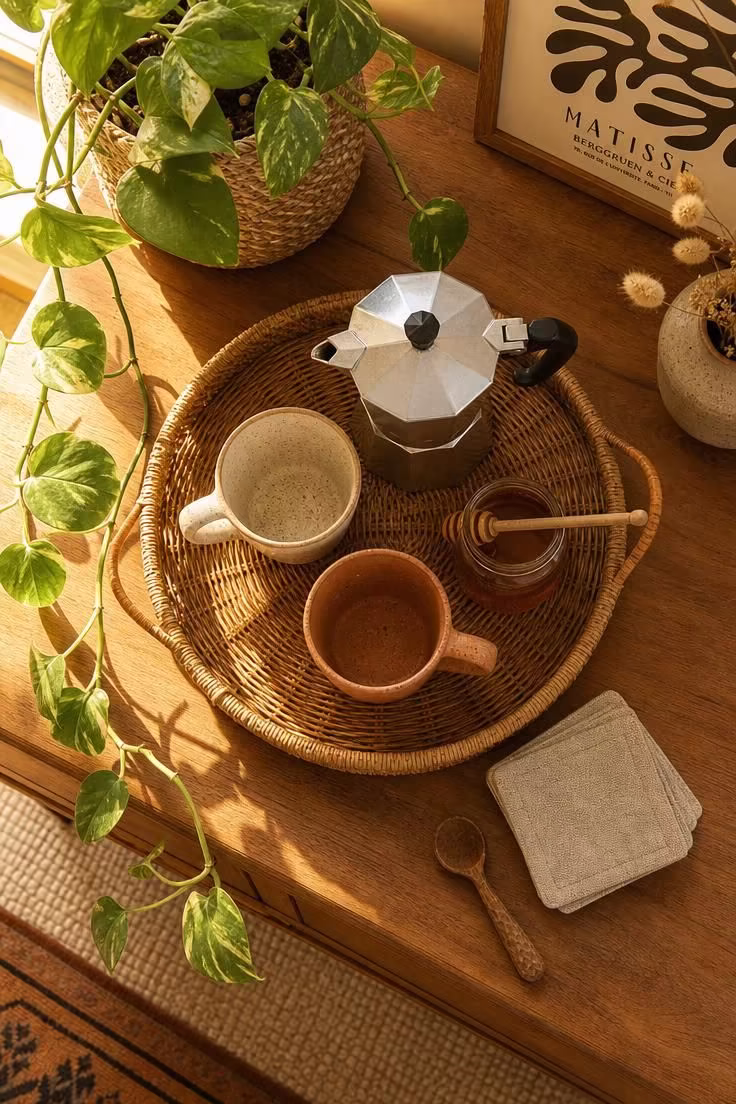 10 Cozy Office Coffee Bar Ideas for a Productive Nook 6 Overhead view of a rattan tray holding a Moka pot and speckled ceramic mugs on a teak console in a bohemian office coffee bar