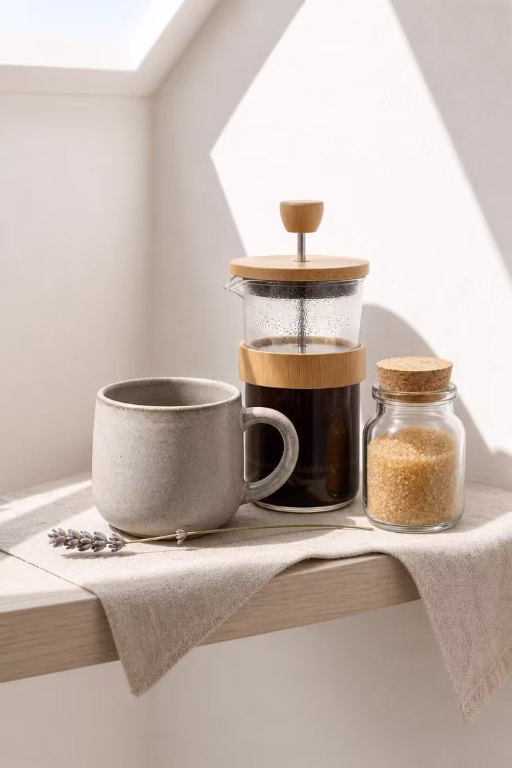 10 Cozy Office Coffee Bar Ideas for a Productive Nook 8 Minimalist narrow ledge shelf with a linen runner, stoneware mug, and French press in a bright midday office coffee bar