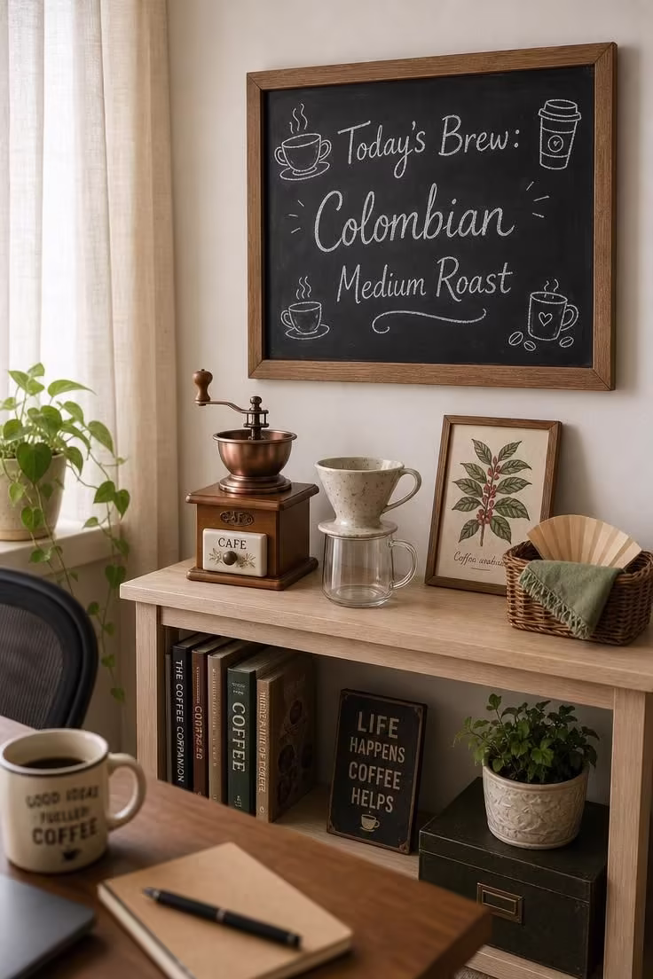 10 Cozy Office Coffee Bar Ideas for a Productive Nook 9 Chalkboard wall panel with chalk coffee menu above a vintage hand-crank grinder and pour-over cone on a birch shelf in an office coffee bar