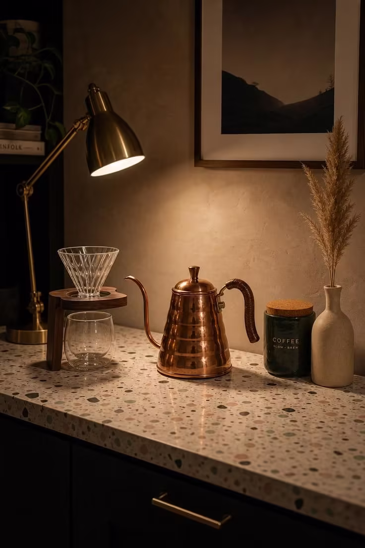 10 Cozy Office Coffee Bar Ideas for a Productive Nook 10 Terrazzo countertop with a copper pour-over kettle, dark green canister, and glass dripper in a moody evening office coffee bar