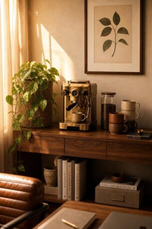 A styled home office coffee bar with a brass espresso machine, ceramic mugs, and trailing pothos on a walnut console table at golden hour