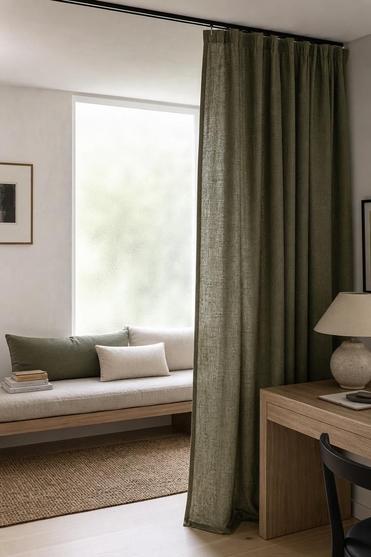 10 Cozy Office Reading Nook Ideas for a Calm Corner 2 Olive linen curtain panel on a ceiling track dividing a home office from a cushioned reading bench