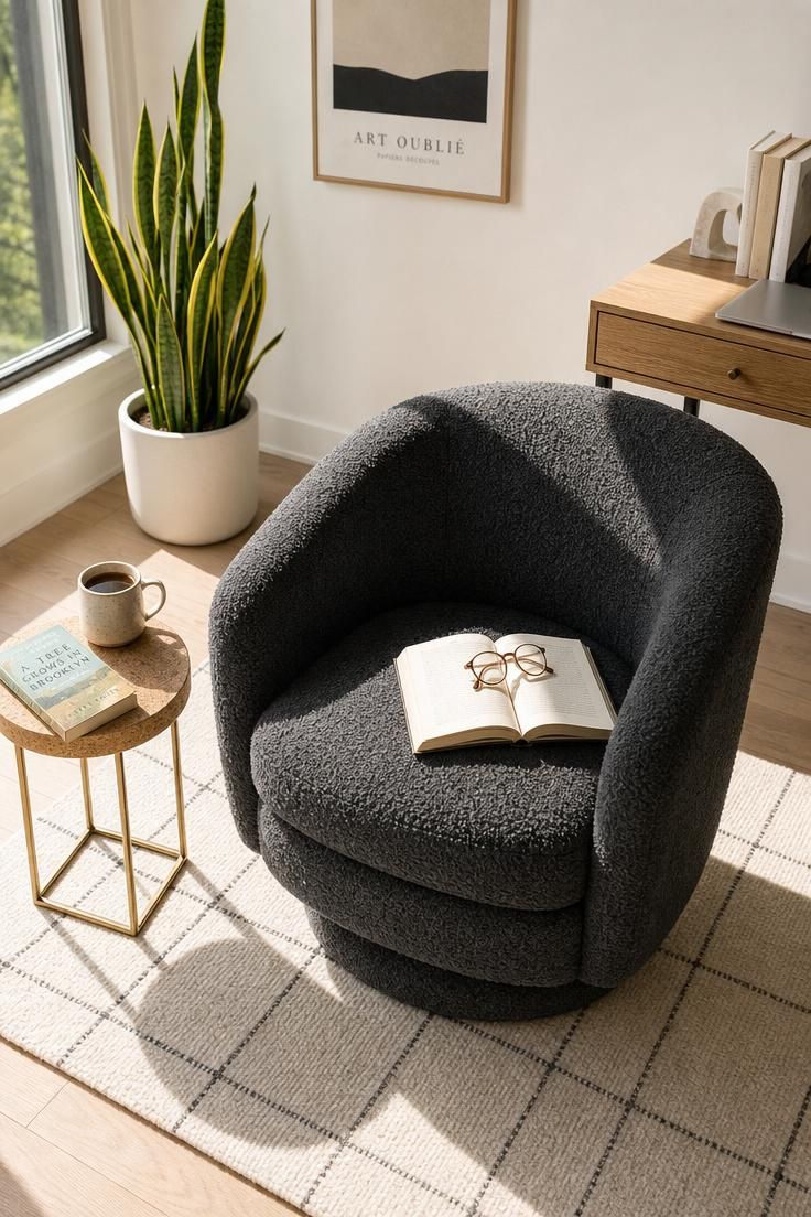 10 Cozy Office Reading Nook Ideas for a Calm Corner 3 Charcoal boucle swivel chair beside a cork-top side table in a sunlit home office reading nook