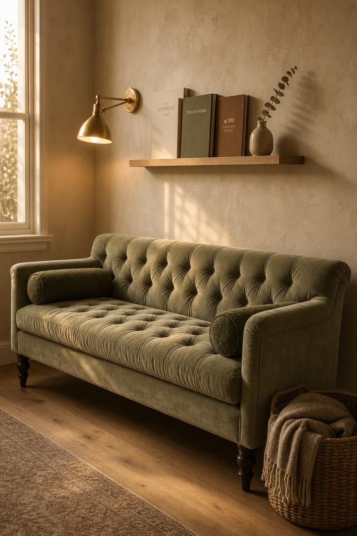 10 Cozy Office Reading Nook Ideas for a Calm Corner 5 Tufted sage velvet settee against a limewash accent wall with a brass swing-arm sconce in a home office