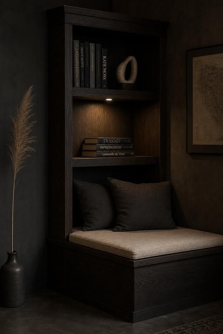 10 Cozy Office Reading Nook Ideas for a Calm Corner 10 Smoked oak corner unit with a built-in bookcase, integrated puck light, and linen seat pad in a home office