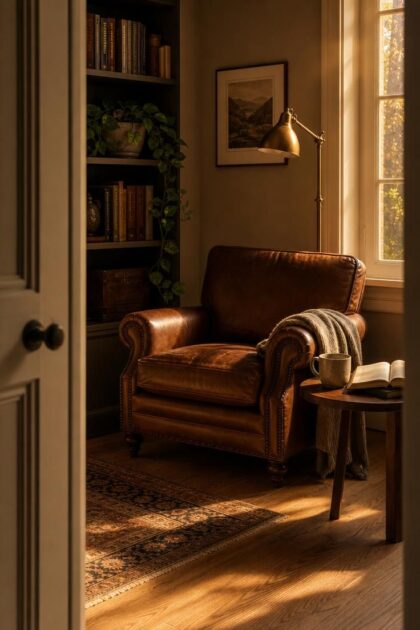 10 Cozy Office Reading Nook Ideas for a Calm Corner Cozy office reading nook with a leather armchair, brass floor lamp, and bookshelf in a warm sunlit home office corner
