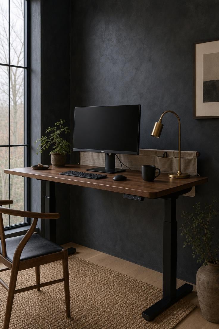 Walnut standing desk against a charcoal limewash plaster wall with brass lamp and cool morning light