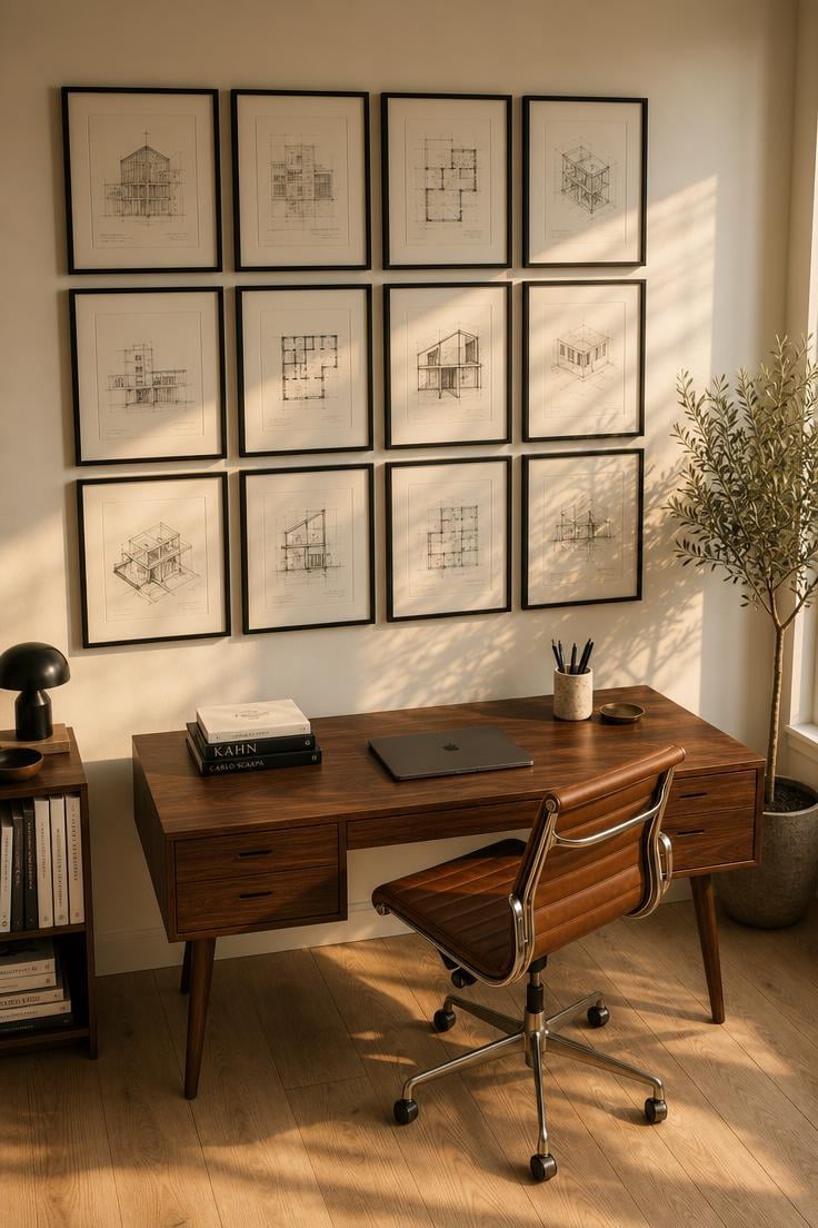 Grid of twelve black oak frames with architectural line drawings above a walnut desk in golden afternoon light