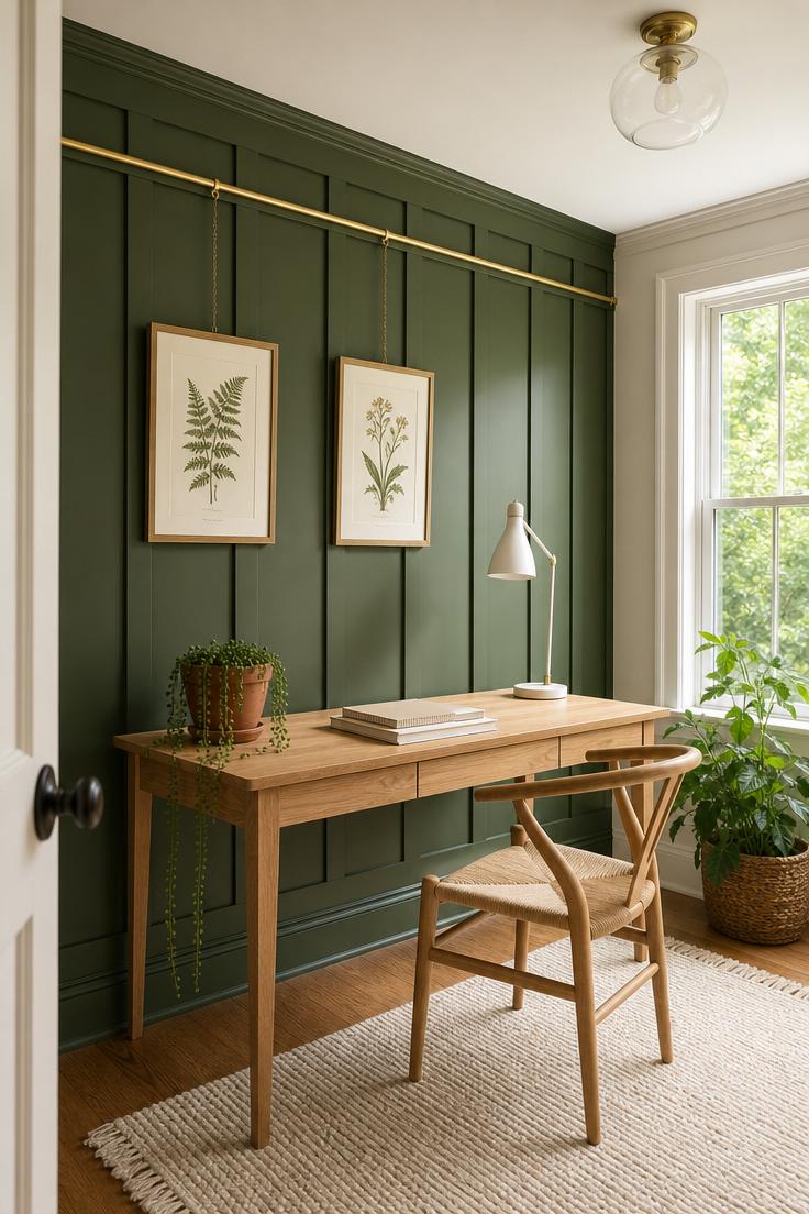 Moss green board-and-batten office wall with brass picture rail and botanical prints in bright midday light
