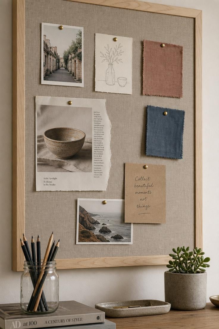 Close-up of an oversized Belgian linen pinboard with pinned postcards and fabric swatches in soft diffused light