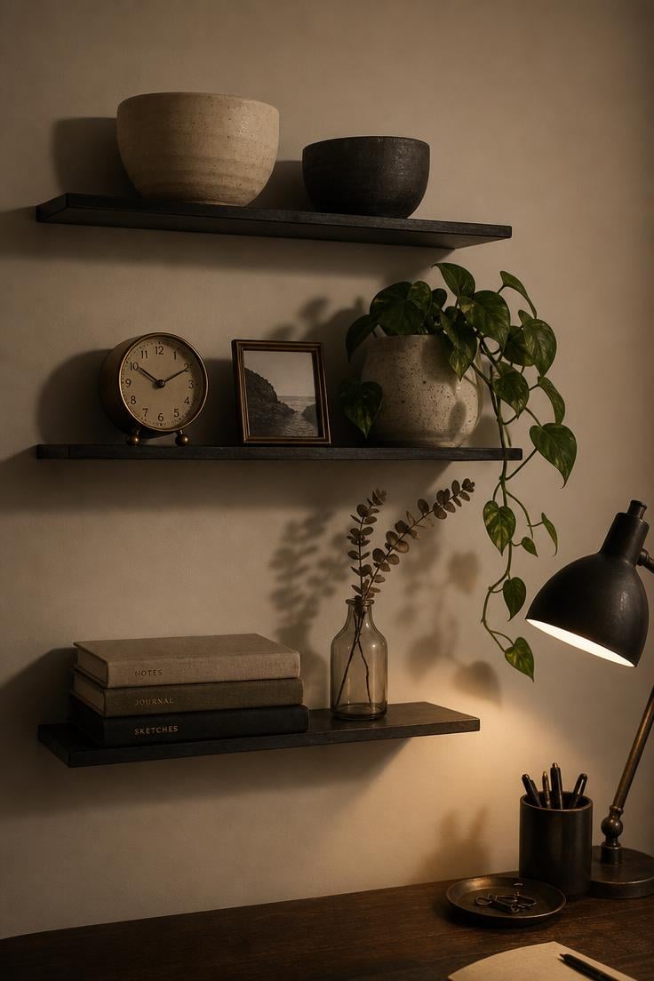 Blackened steel floating shelves displaying ceramics and a brass clock under warm moody lamplight