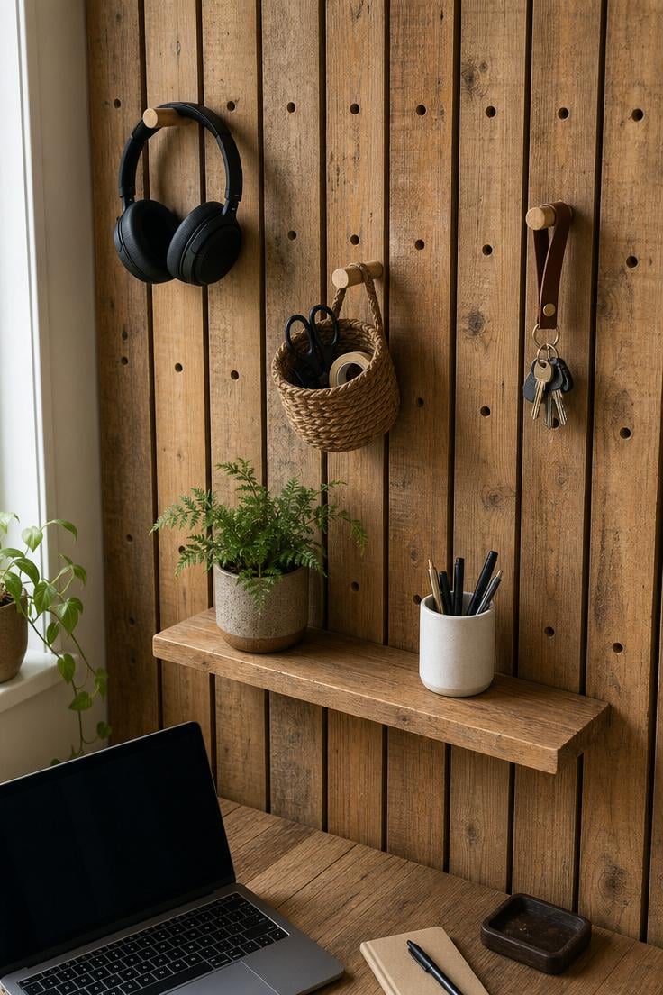 Overhead view of reclaimed pine slat wall with maple pegs holding headphones and a woven basket