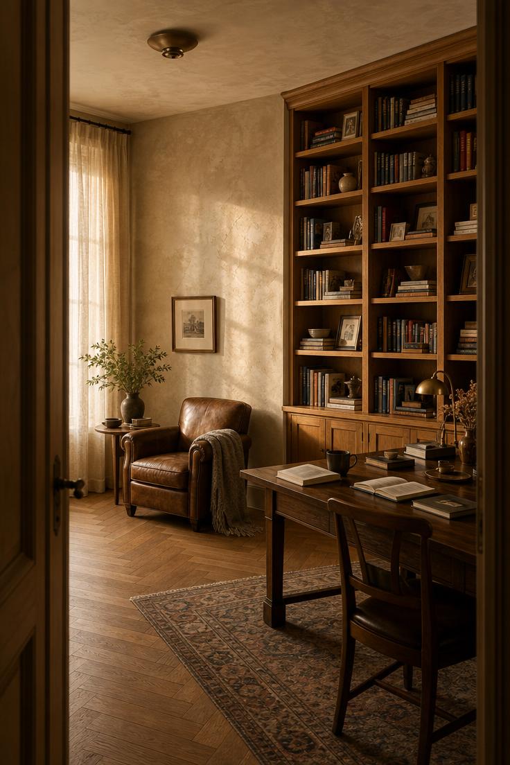 Venetian plaster wall in warm putty beside built-in oak bookshelves with golden hour light through linen curtains