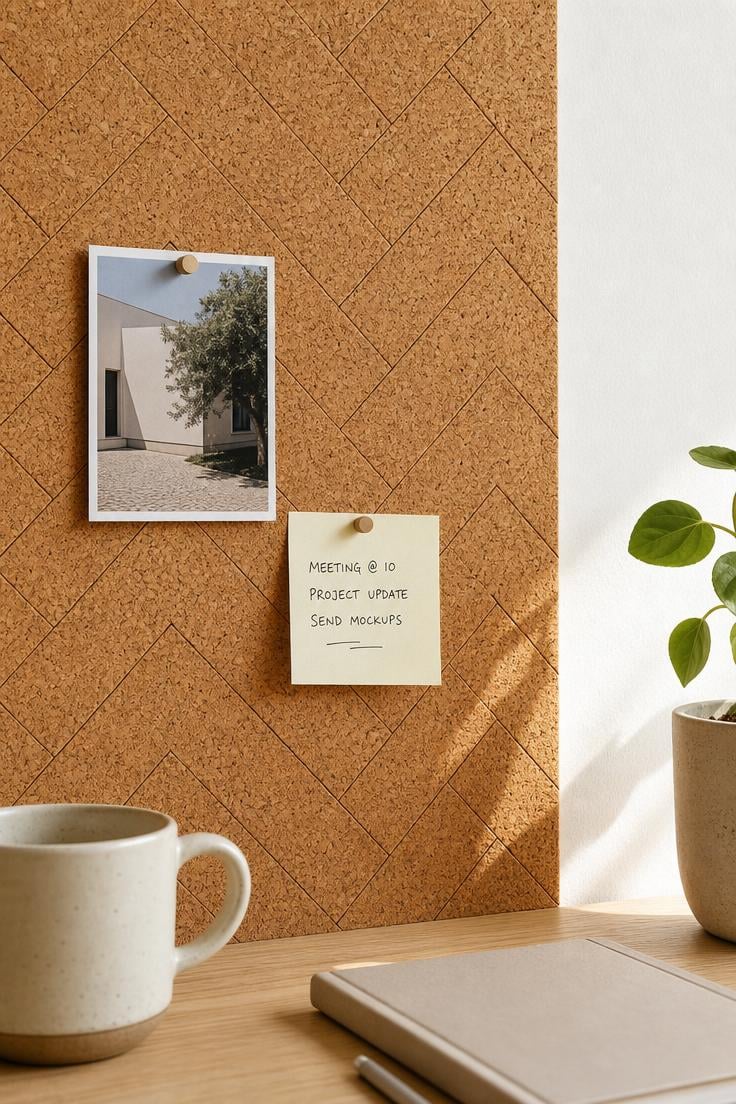 Close-up of natural cork tiles in herringbone pattern on an office wall with pushpins and bright midday light